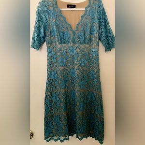 Karen Kane NWOT V-neck Green Seafoam color Scallop Hem Lace Dress SizeM Trendy